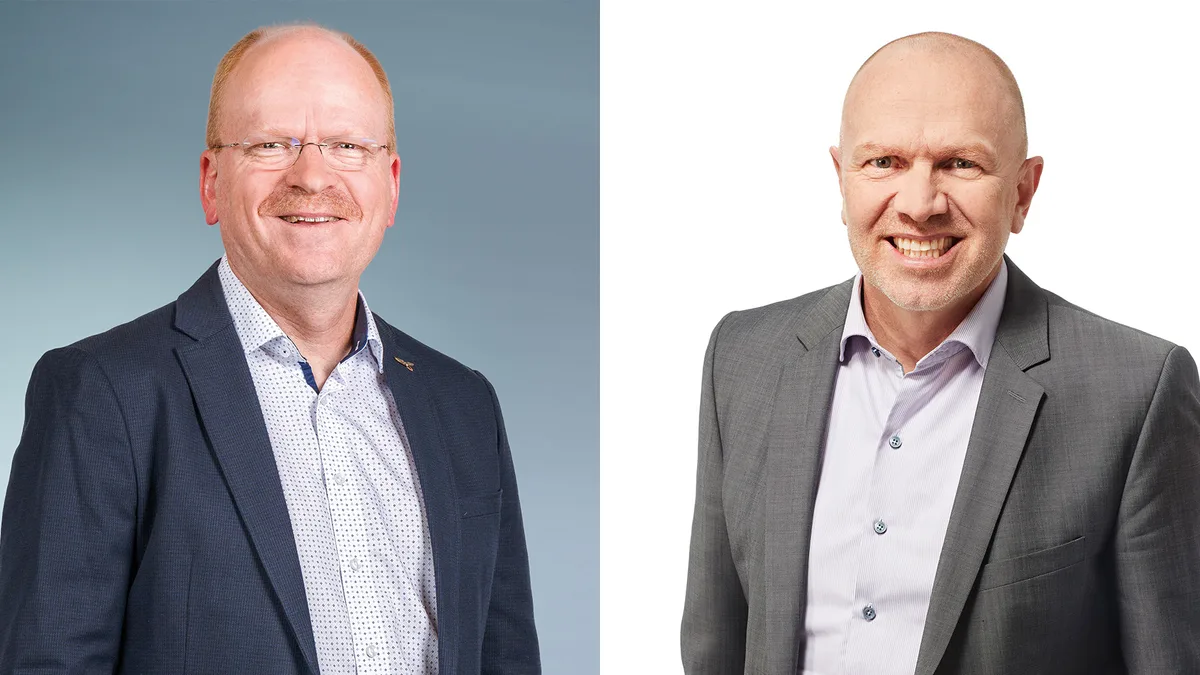 Ulrich Schmid (links), Präsident der Oberstufenschule Nänikon-Greifensee, und Benno Scherrer, Präsident der Sekundarschule Uster, stehen im Austausch über die Grenzen der Schulgemeinden. Ulrich Schmid, Präsident Oberstufenschule Nänikon-Greifensee, und Benno Scherrer, Präsident Sekundarschule Uster.